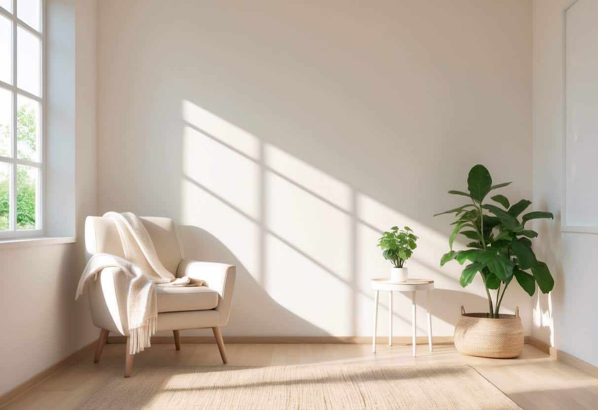 A bright room with a wall painted in a warm off-white color, featuring a beige armchair, a small green plant on a side table, and natural light coming through large windows.