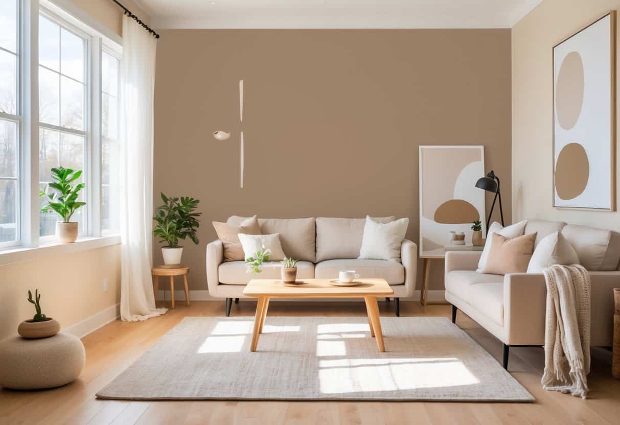 A cozy living room with beige walls, a sofa, coffee table, and natural sunlight coming through large windows.