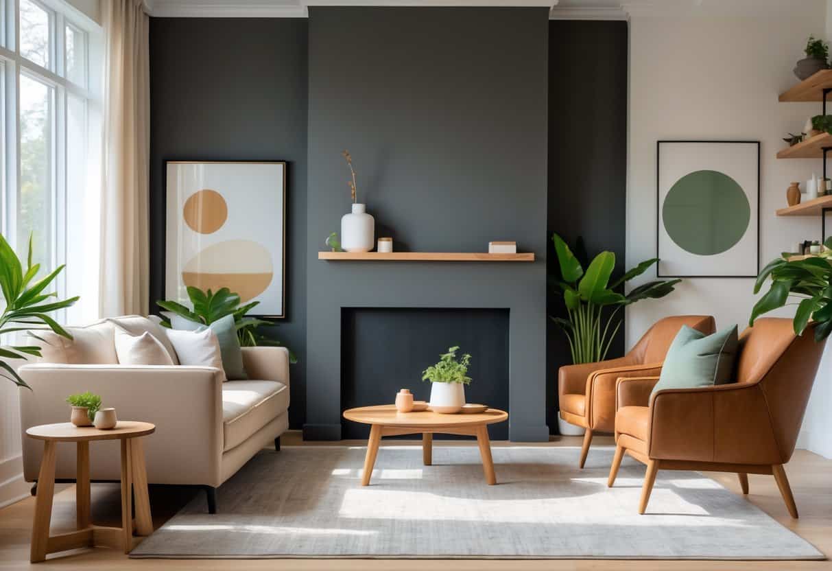 A modern living room with a dark gray accent wall, beige sofa, caramel armchair, green pillows, wooden furniture, and indoor plants.