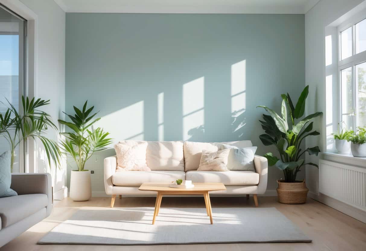 A bright living room with soft sea salt colored walls, a beige sofa, wooden coffee table, and indoor plants illuminated by natural sunlight.