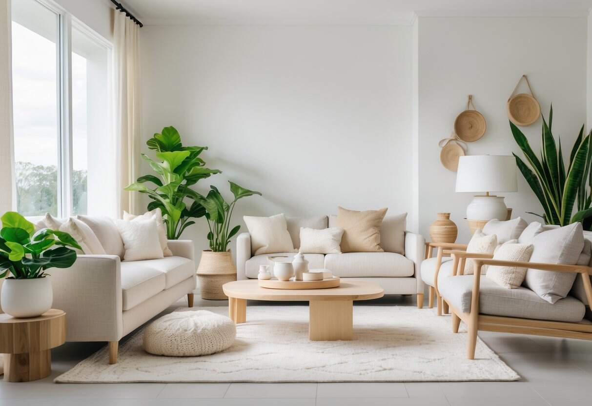 A bright living room with white walls, beige and gray furniture, wooden accents, and green plants illuminated by natural light.