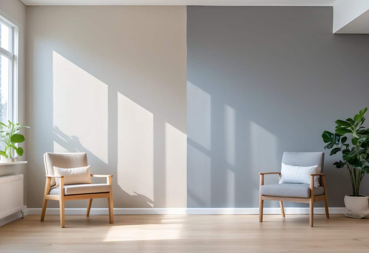 Interior room with two adjacent walls painted in different shades of gray, one warm and one cool, with minimal modern furniture and a small green plant between them.