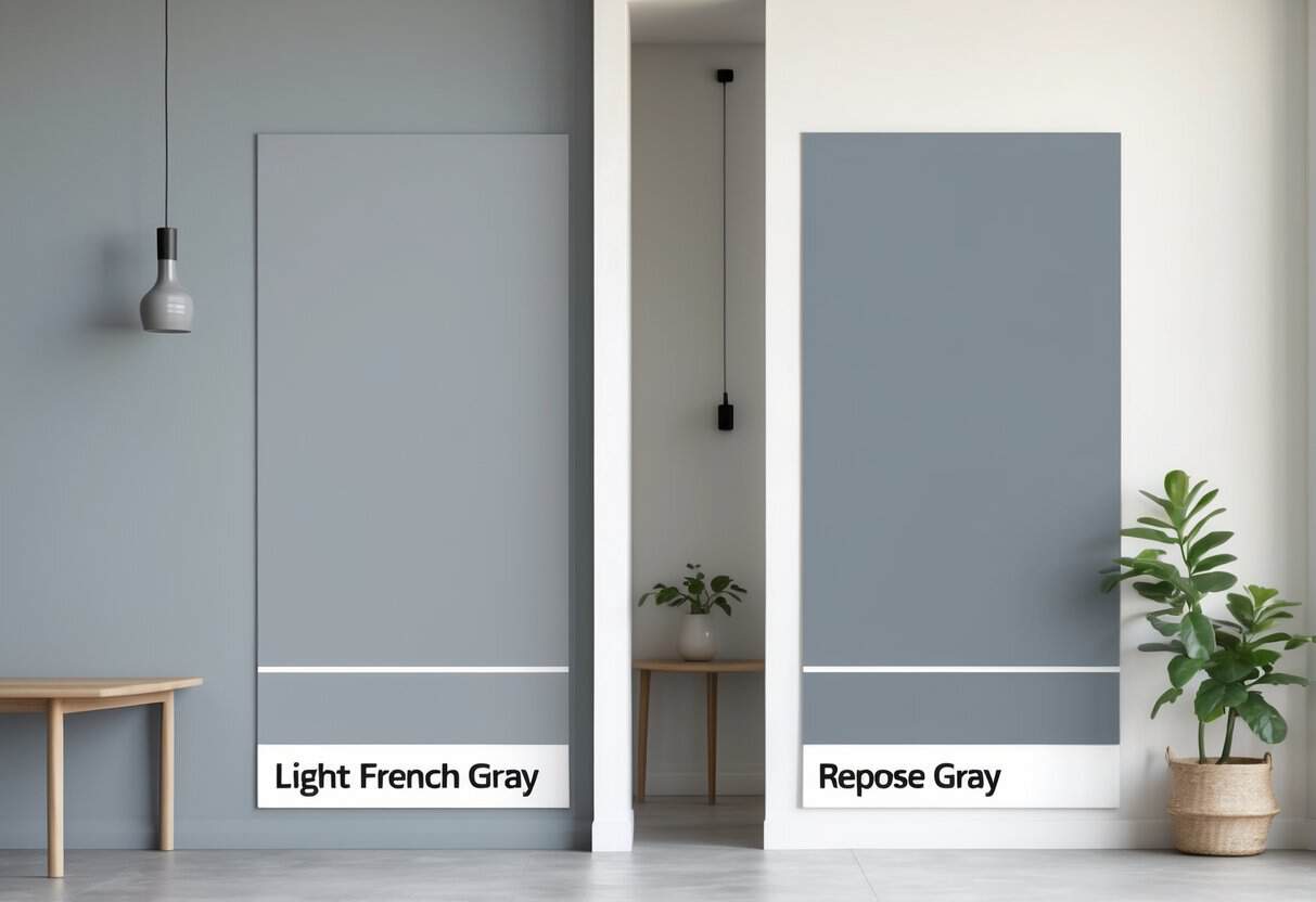 Two adjacent interior walls painted in light gray shades with a wooden table and a small green plant nearby.